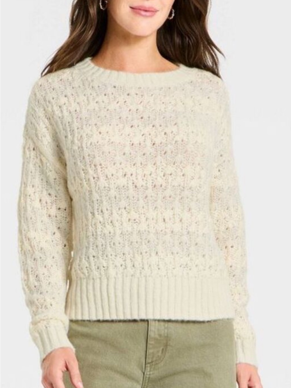 NWT M Cream lightest gray stripe open knit crochet cropped cozy SOFT Sweater